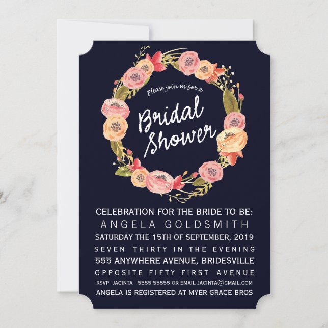 Brautparty Navy Floral Wreath Einladung (Vorderseite)