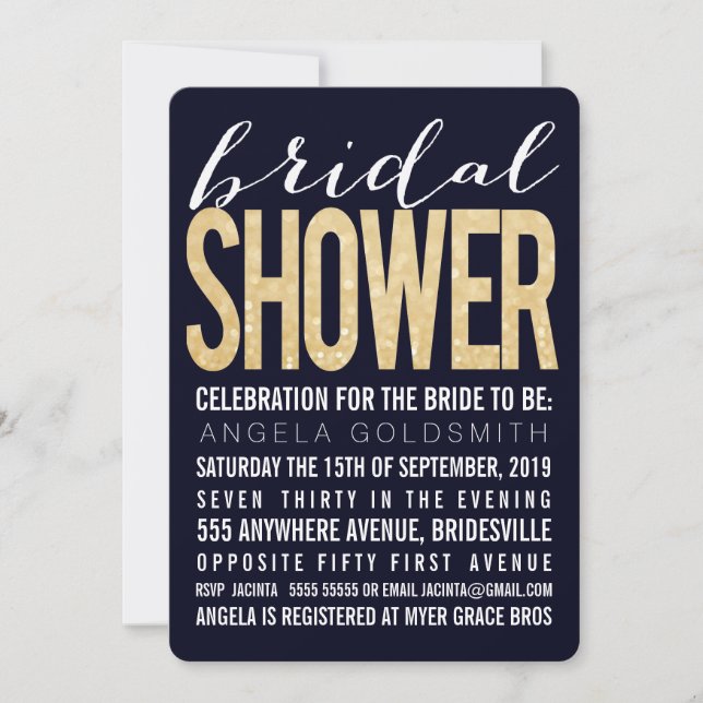 Brautparty Navy Gold Glitzer Typografie Einladung (Vorderseite)