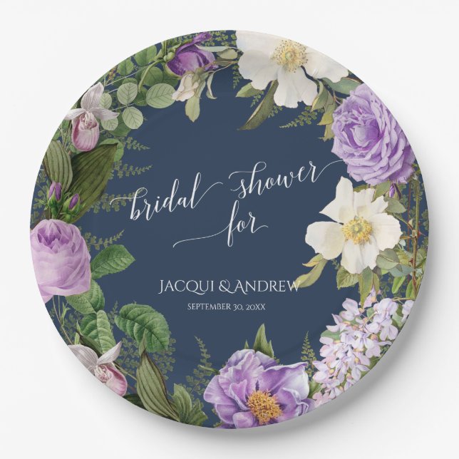 Brautparty Navy Lavender Ivory Peony Wreath Pappteller (Vorderseite)