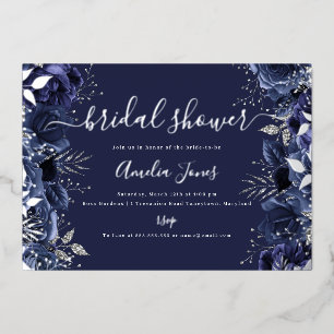 Brautparty Navy Silber Blumenrose Folieneinladung