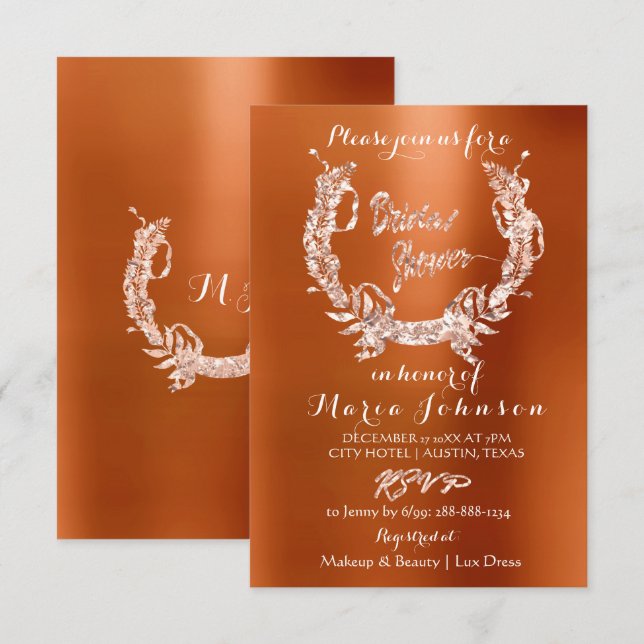 Brautparty Olive Wreath Rose Gold Orange Coral Einladung (Vorne/Hinten)