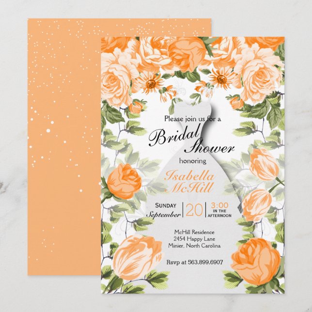 Brautparty - orange botanische Blumen Einladung (Vorne/Hinten)