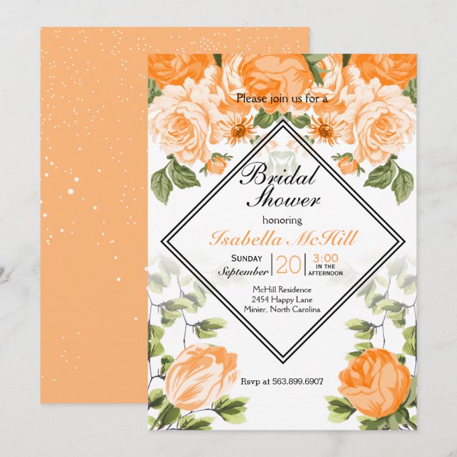 Brautparty - Orangefarbene Blumen Einladung (Vorne/Hinten)