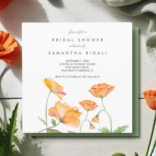 Brautparty Orangefarbene Wasserfarben Einladung (Floral bridal shower invitations watercolor orange poppies art by Victoria Grigaliunas DoTellABelle)