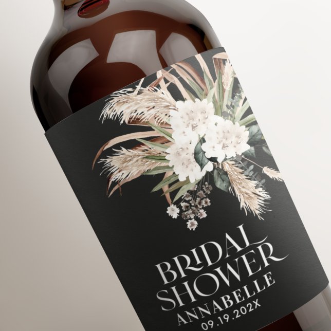 Brautparty Pampas boho Schwarz Modernität Weinetikett (Von Creator hochgeladen)