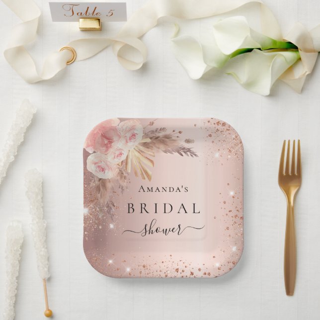 Brautparty Pampas Gras Rose Goldblume Pappteller (Hochzeit)