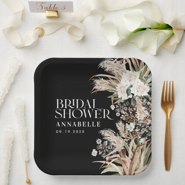 Brautparty Pampas Moderne Schwarz Pappteller (Hochzeit)