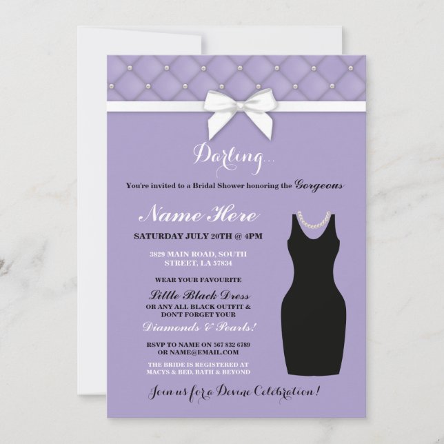 Brautparty Party Lilac Black Dress Pearl Einladung (Vorderseite)