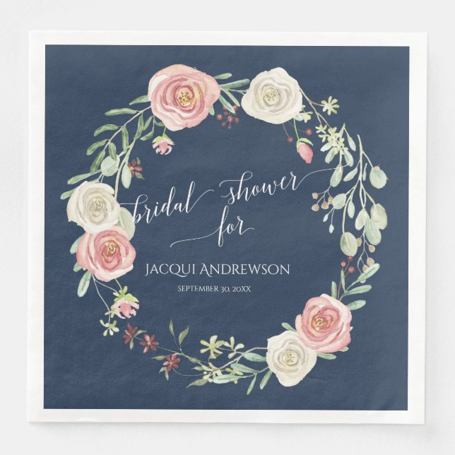 Brautparty Party Navy Blush ElfenbeinRose Kranz Serviette (Vorderseite)
