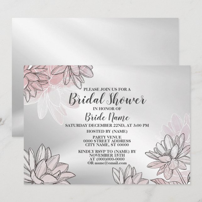 Brautparty Party Rosa Blume Aquarell Silber Einladung (Vorne/Hinten)