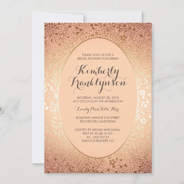 Brautparty - Peach Blush and Gold Floral Vintag Einladung (Vorderseite)