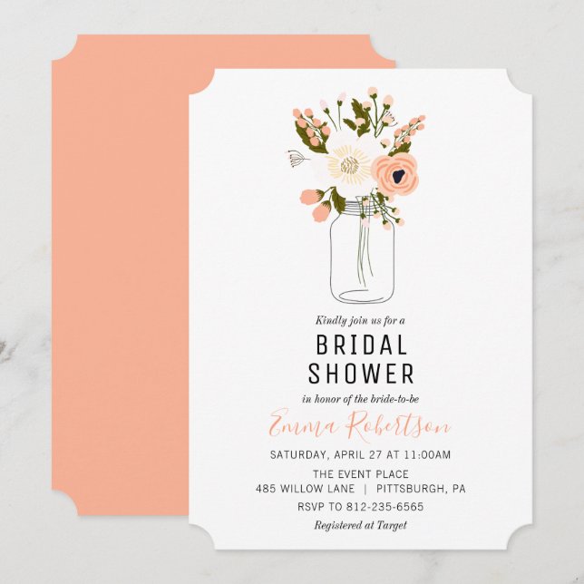 Brautparty Peach Bouquet Dusche Einladung (Vorne/Hinten)