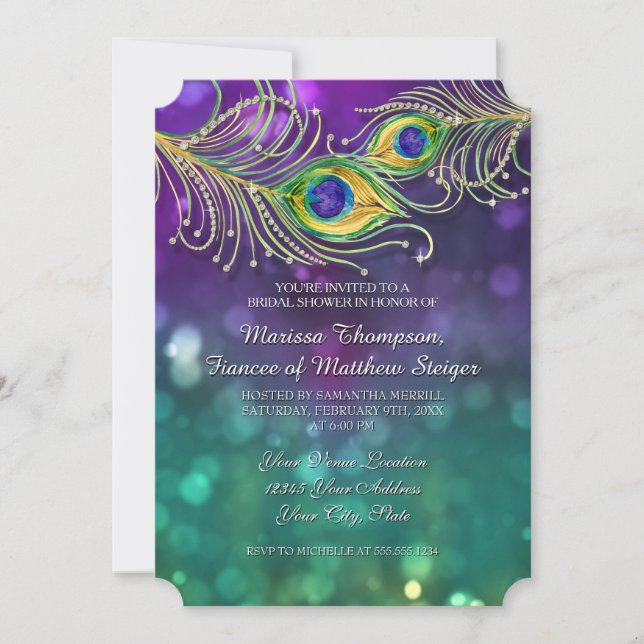 Brautparty Peacock Feather Jeweled Feathers Einladung (Vorderseite)