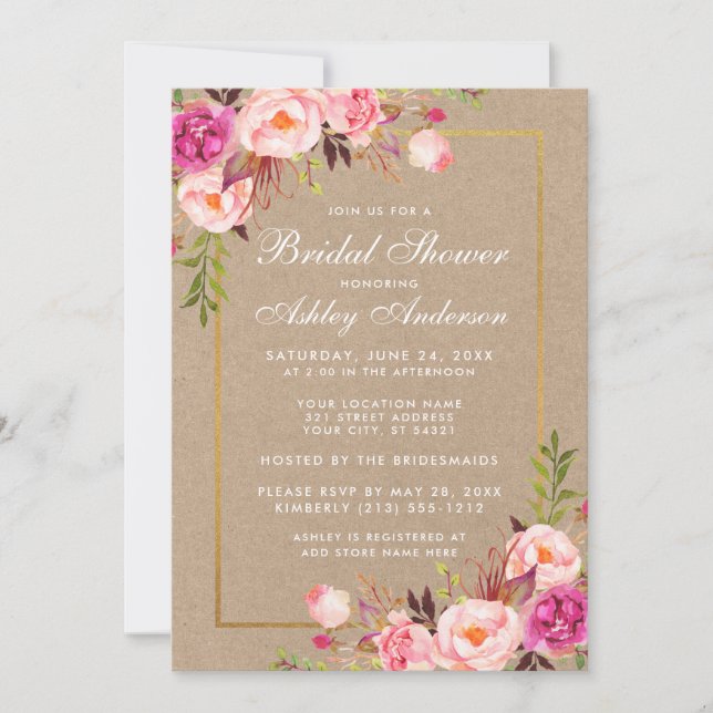 Brautparty Pink Floral Gold Kraft Einladung (Vorderseite)