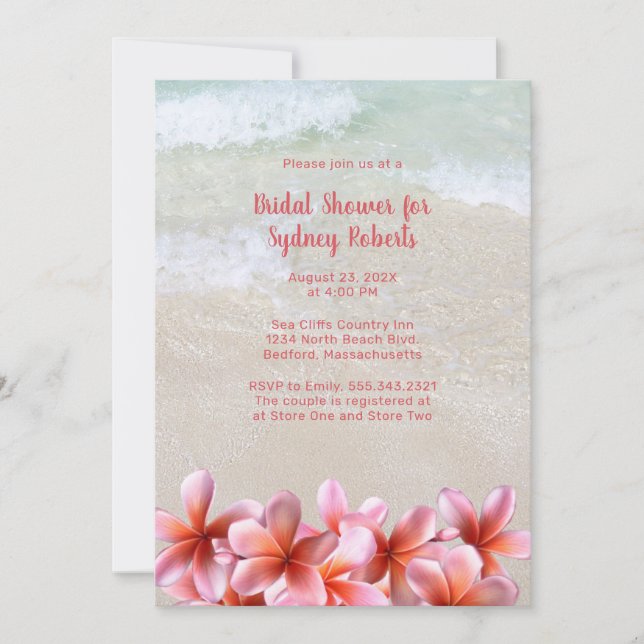 Brautparty Pink Plumeria Beach Sand Einladung (Vorderseite)