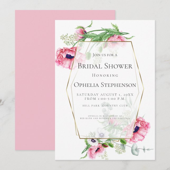Brautparty | Pink Poppy Bouquet Einladung (Vorne/Hinten)