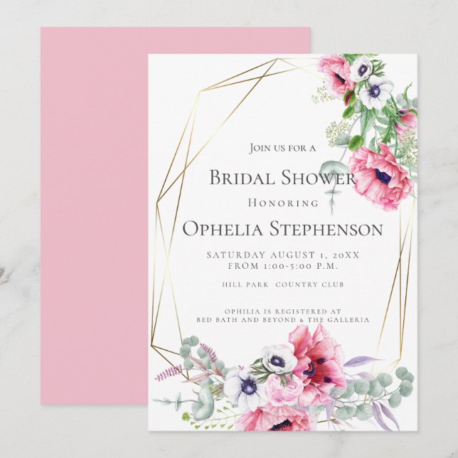 Brautparty | Pink Watercolor Poppies Einladung (Vorne/Hinten)