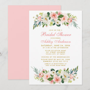Brautparty Pink White Floral Gold Einladung P