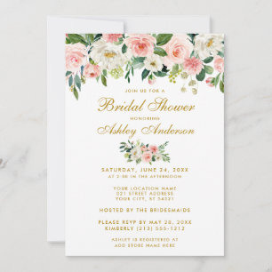 Brautparty Pink White Gold Floral Einladung