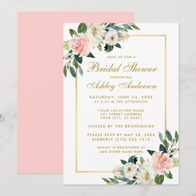 Brautparty Pink White Gold Floral Einladung P (Vorne/Hinten)