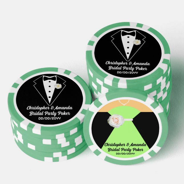 Brautparty Poker Black Tuxedo & Sage Green Dress Pokerchips (Stapel)