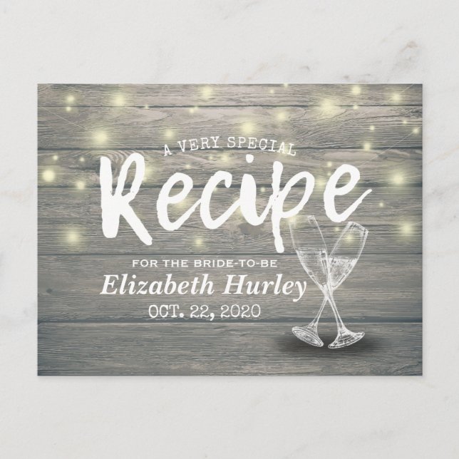 Brautparty Recipe Champagne Glass Wood Lights Postkarte (Vorderseite)