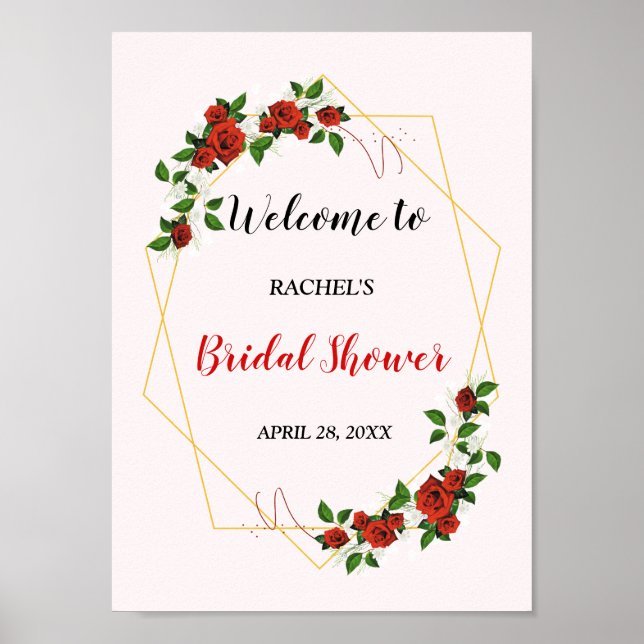 Brautparty Red Gold Glitzer Floral Begrüßungszeich Poster (Vorne)