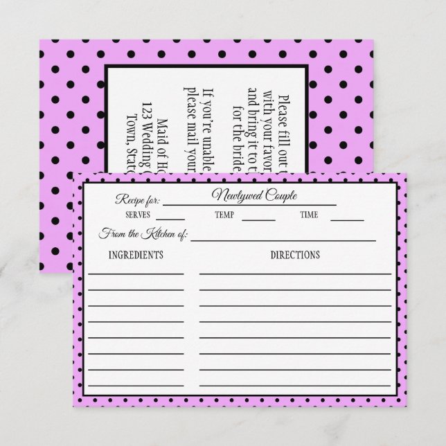 Brautparty Rezept Card Polka Dot Lavendel RSVP Karte (Vorne/Hinten)