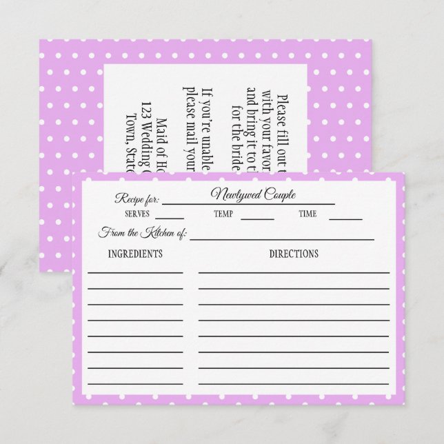 Brautparty Rezept Karte Weißer Polka Dot Lavendel (Vorne/Hinten)