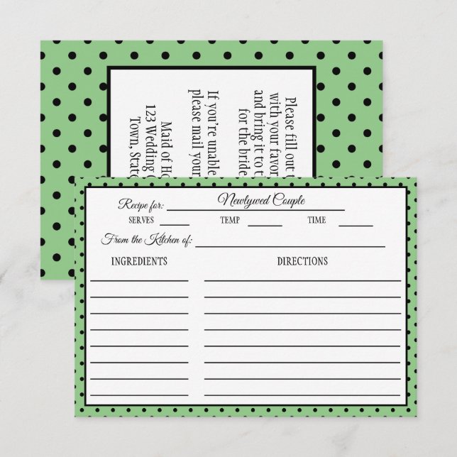 Brautparty Rezept Polka Dot Page Green RSVP Karte (Vorne/Hinten)