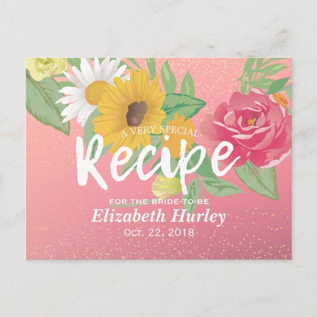 Brautparty Rezept Rose Blume Pink Gold Glitzer Einladungspostkarte (Vorderseite)