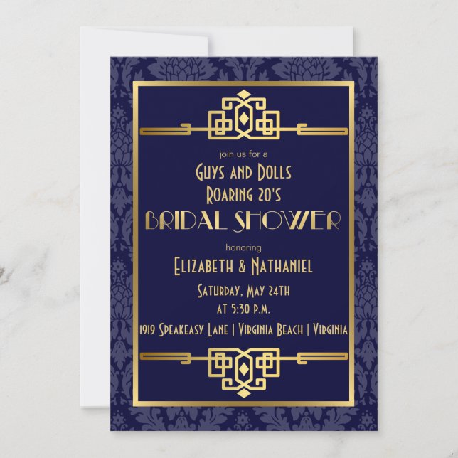 Brautparty Roaring 20er Jahre Art Déco| Blau Einladung (Vorderseite)