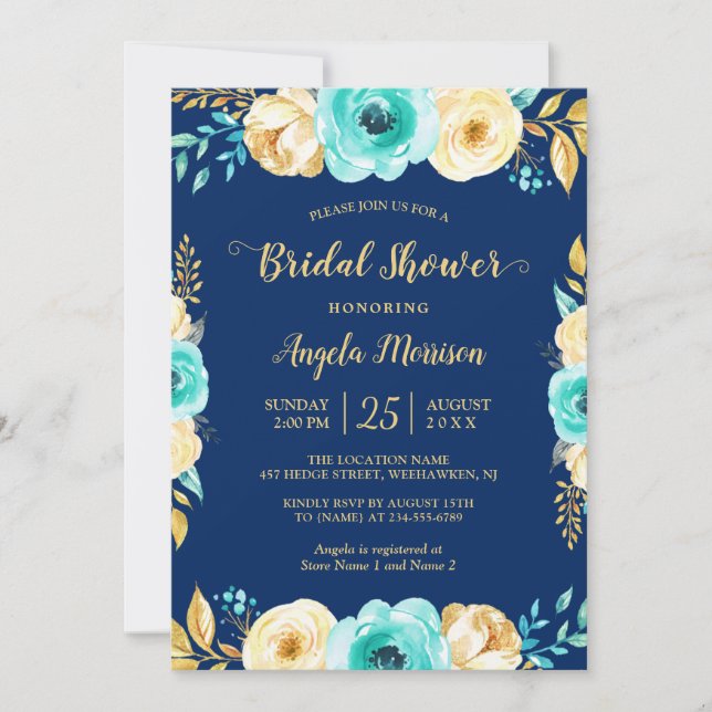 Brautparty Romantische Navy Blue Aquamarin Gold Fl Einladung (Vorderseite)