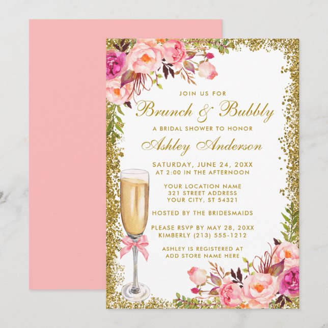 Brautparty Rosa Blumenbrunch Bubbly Glitzer Einladung (Vorne/Hinten)