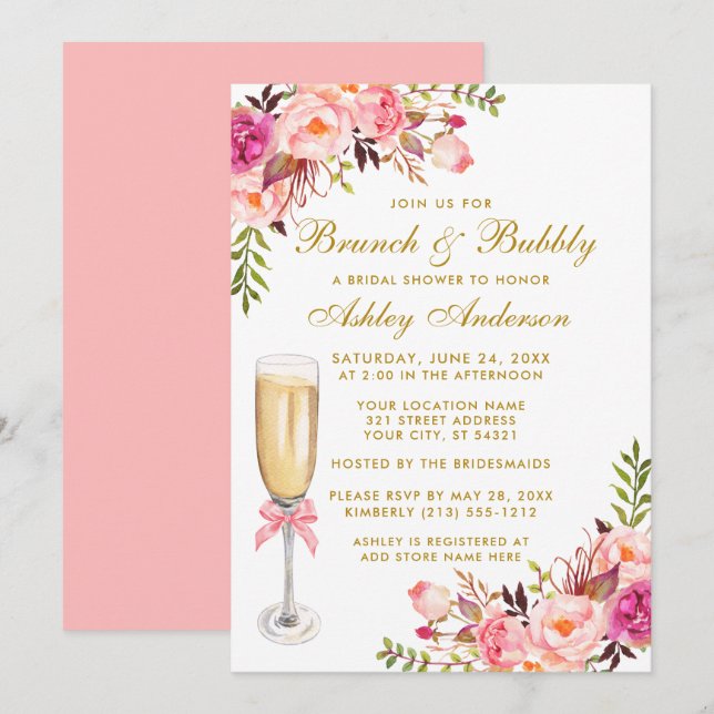 Brautparty Rosa Blumenbrunch Bubbly Gold Einladung (Vorne/Hinten)