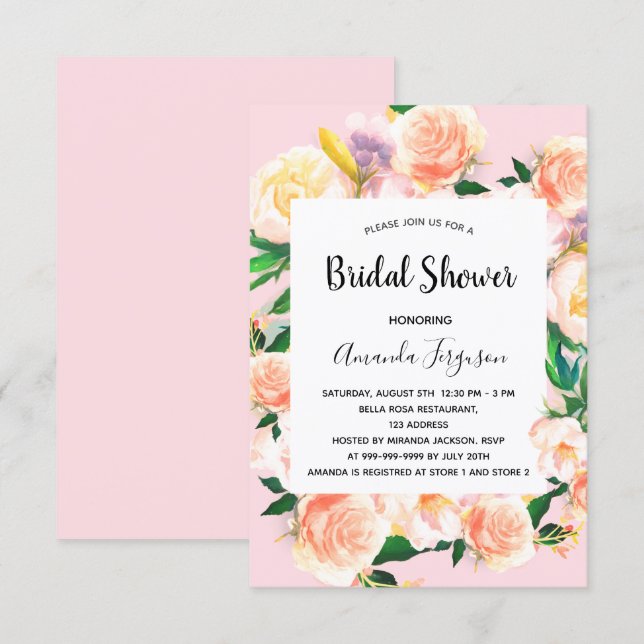 Brautparty Rosa Blüten Rose Gold Einladung (Vorne/Hinten)