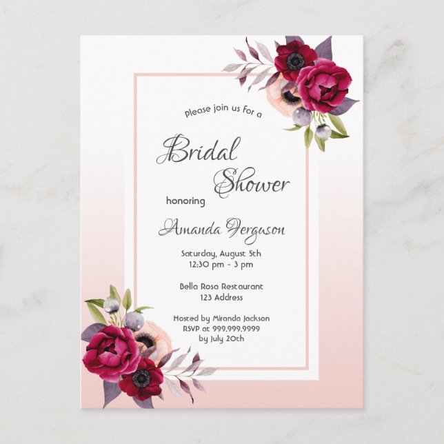 Brautparty Rose Gold Blume Einladung Postkarte (Vorderseite)