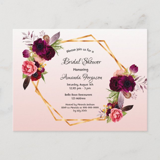 Brautparty Rose gold burgundy Einladung Postkarte (Vorderseite)