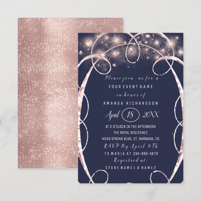 Brautparty Rose Gold Confetti Blue Navy Einladung (Vorne/Hinten)
