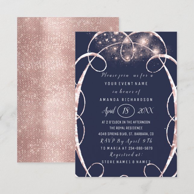 Brautparty Rose Gold Confetti Blue Navy Einladung (Vorne/Hinten)