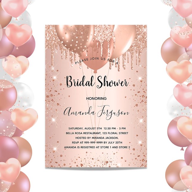 Brautparty Rose Gold Glitzer Ballons Einladungspostkarte (Von Creator hochgeladen)