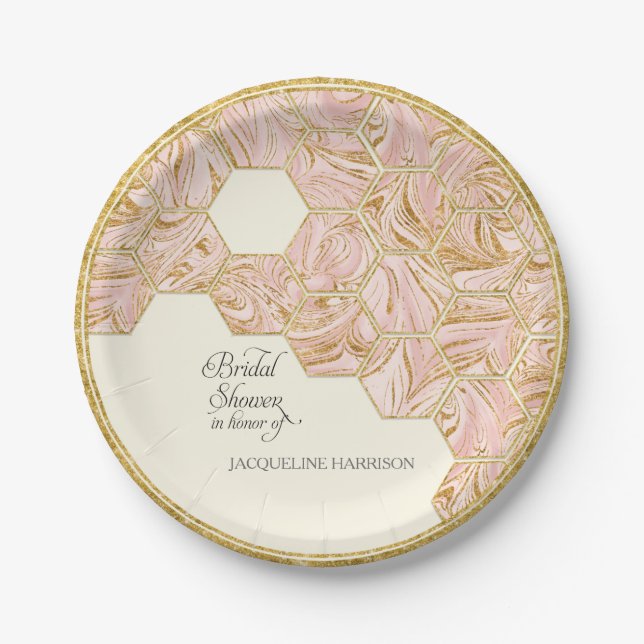 Brautparty Rose Gold Glitzer Marble Hexagonal Pappteller (Vorderseite)