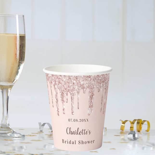 Brautparty Rose Gold Glitzer Monogramm Pappbecher (Von Creator hochgeladen)