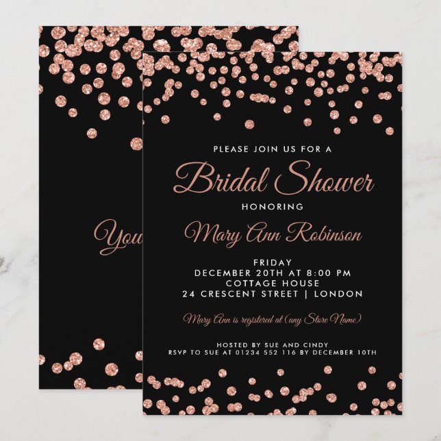 Brautparty Rose Gold Imitate Glitzer Confetti Blac Einladung (Vorne/Hinten)