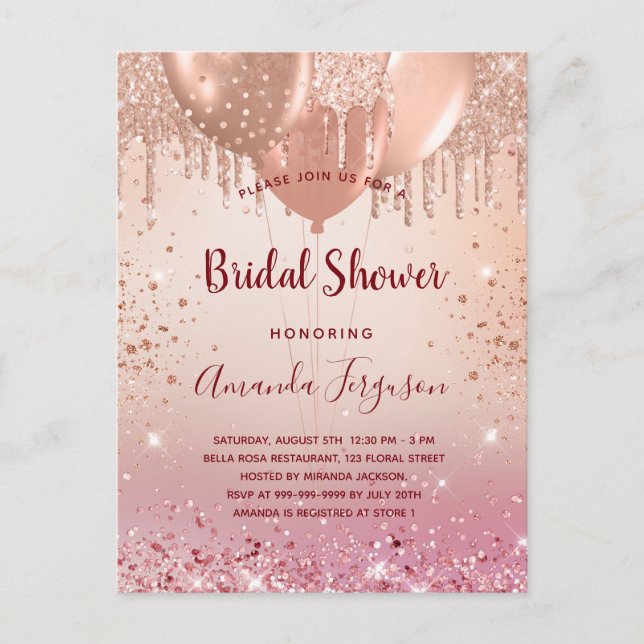 Brautparty Rose Gold Rosa Glitzer Ballons Einladungspostkarte (Vorderseite)