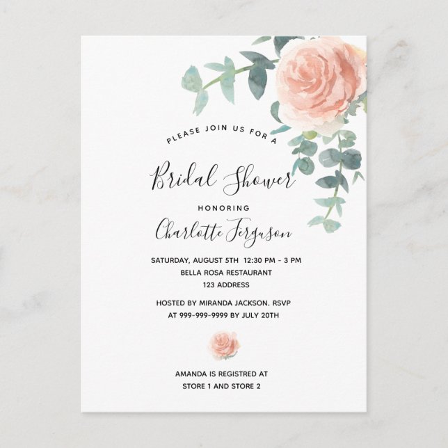 Brautparty Rose Goldblütengrün elegant Postkarte (Vorderseite)