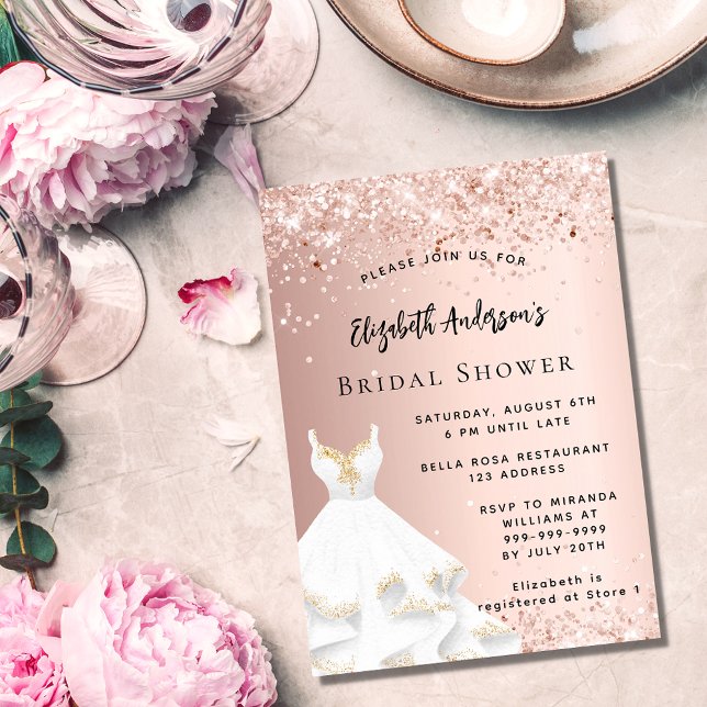Brautparty Rose goldfarbenes Kleid elegant Einladungspostkarte (Von Creator hochgeladen)