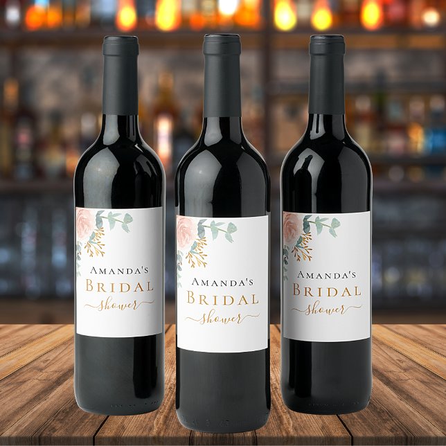 Brautparty Rose Goldflorale Eukalyptusgrün Weinetikett (Von Creator hochgeladen)