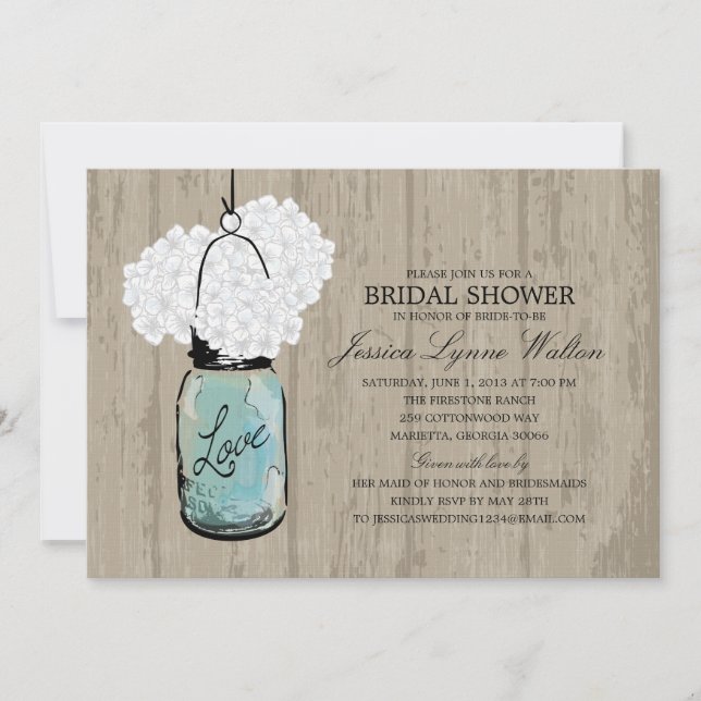 Brautparty Rustic Wood Mason Jar Hydrangeas Einladung (Vorderseite)