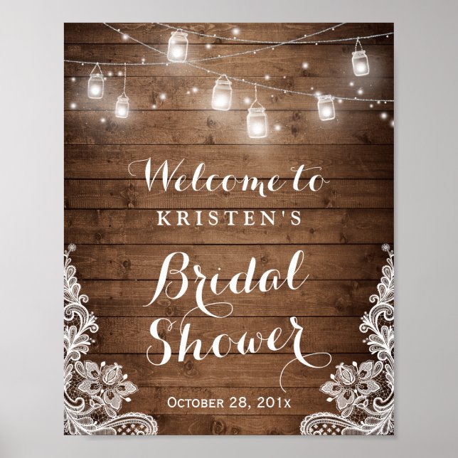 Brautparty Rustic Wood Mason Jar Lights Lace Poster (Vorne)